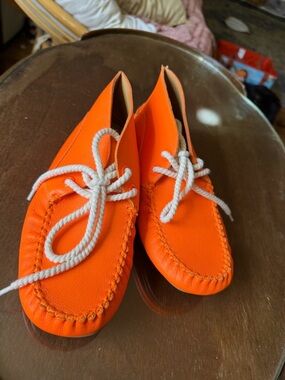 Loewe Neon Orange Leather Moccasins with White Rope Laces